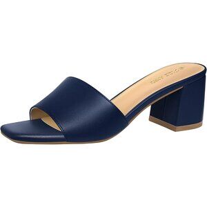 🆕Women's Navy Square Open Toe Heels Sandals Low Block Chunky Heeled Sandal